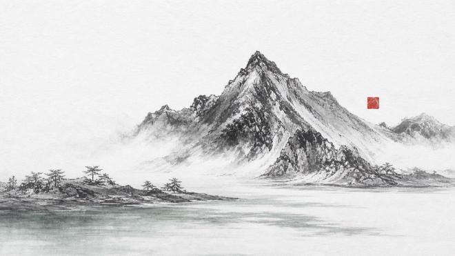 水墨山峦与宁静水面